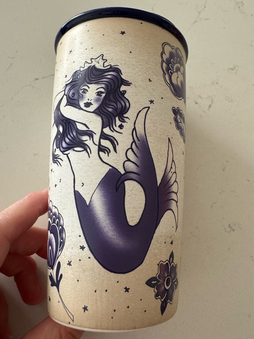 Starbucks 2016 Sailor Blue Mermaid Siren Tattoo Ceramic 12oz Travel Tumbler - Picture 5 of 9